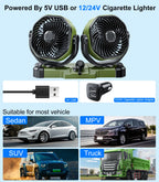 Hipacool 5V/12V/24V Car Dual-Head Fan 2 Speeds Wind 360° Rotatable Vehicle Cooling Fan USB Cigarette Lighter Fan Summer Cooler CM World