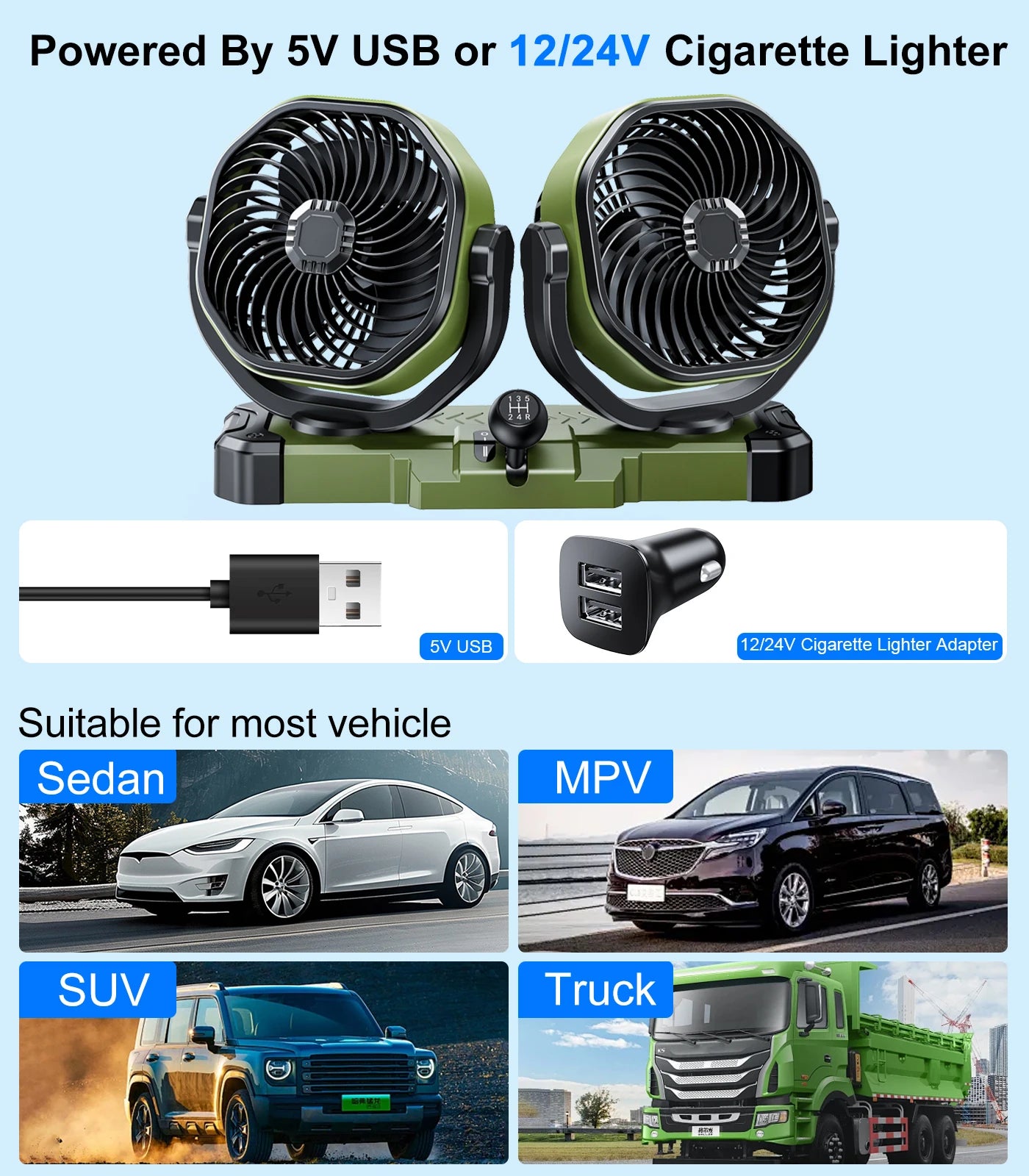 Hipacool 5V/12V/24V Car Dual-Head Fan 2 Speeds Wind 360° Rotatable Vehicle Cooling Fan USB Cigarette Lighter Fan Summer Cooler CM World