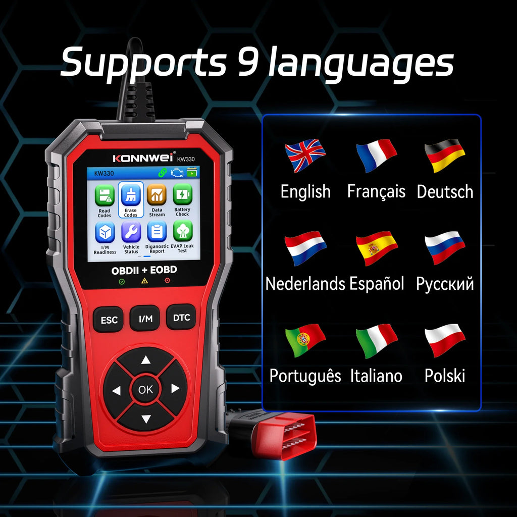 2026 KONNWEI KW330 Car OBD2 Fault Scanner Engine Battery Test  Fault Code Clear Real-Time Data Professional OBD Inspection Tool Car Mobile World