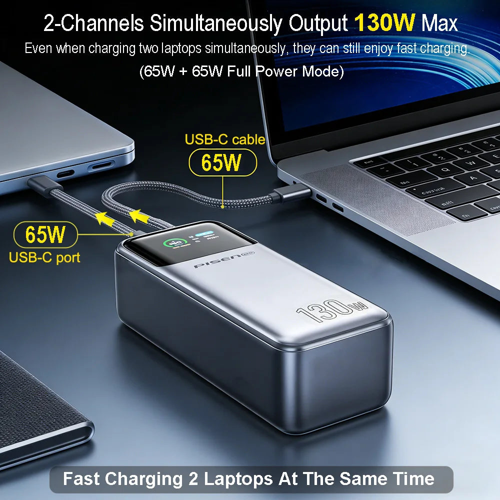 PISEN 130W Tablets Super Fast Charging Power Bank 20000mAh With Type C Cable External Battery for Laptop Notebook IPhone Macbook Car Mobile World