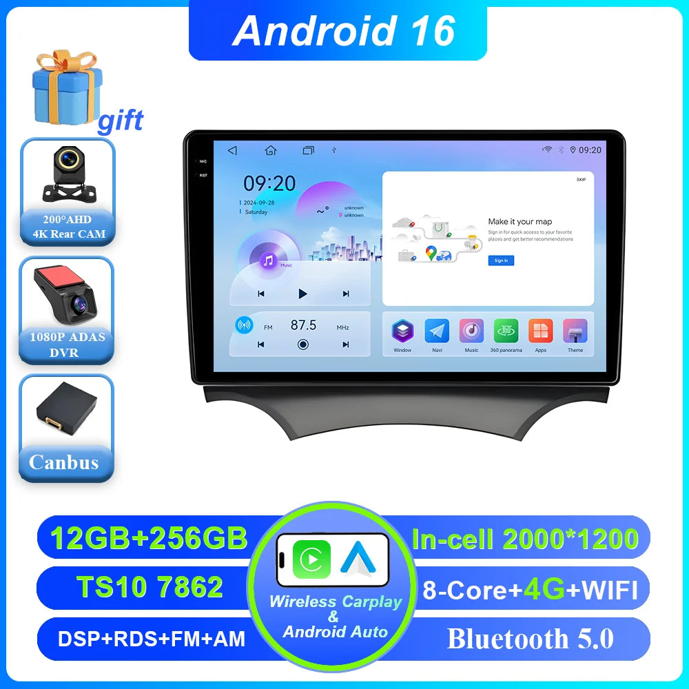 Android 16 Carplay For Ford Ka 2008 - 2014 Auto Radio Stereo Car Multimedia Video Player GPS Navigation QLED Touch Screen 4G DSP CM World