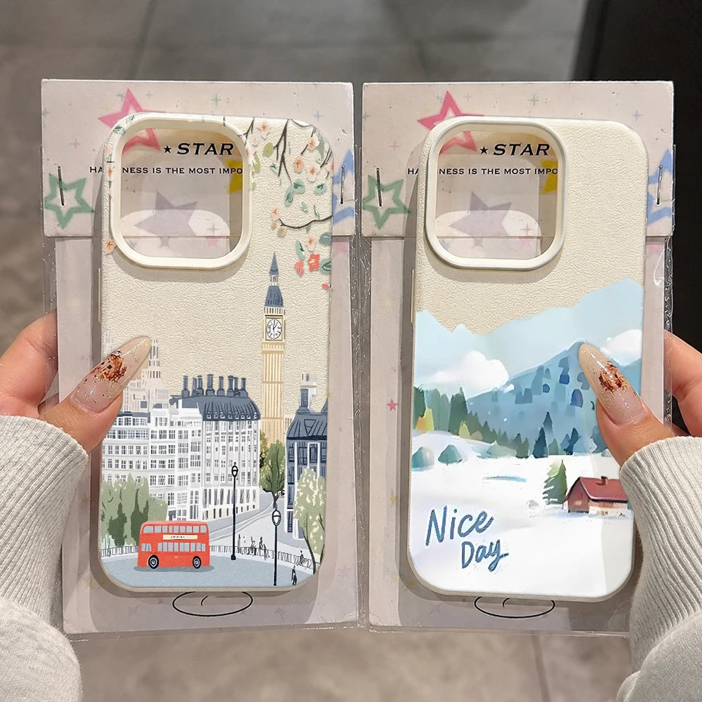 Matte Leather Finish Case For Iphone 17 Pro Max 16 15 14 13 12 11 17E Air London Landscape Silicone Anti Shock Cover