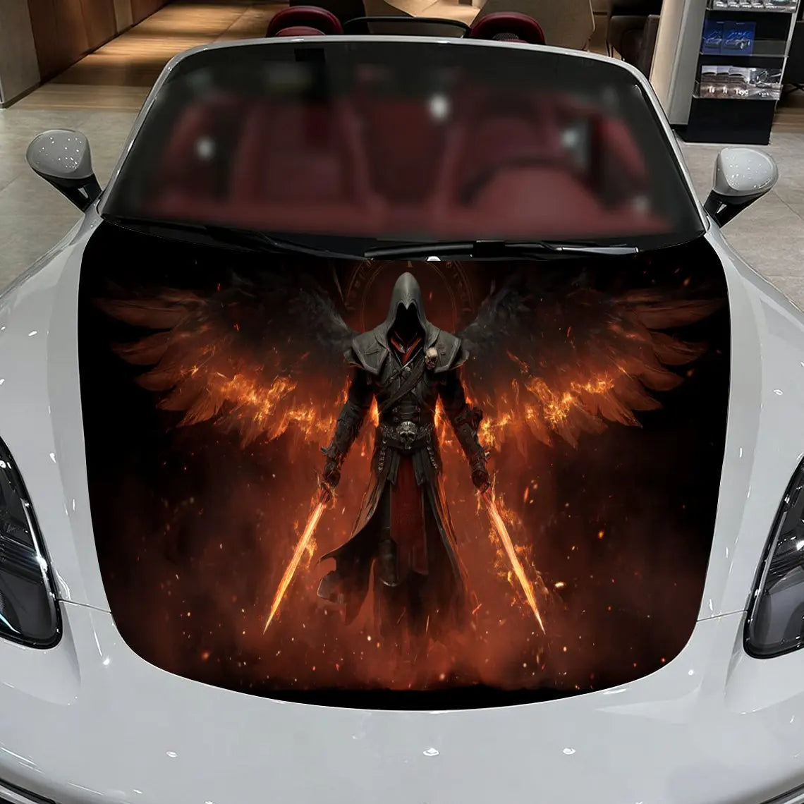 Blazing-Winged Assassin Car Vinyl Wrap, PVC Material Waterproof Car Hood Sticker, Self-Adhesive Scratch-Resistant Stickers for E