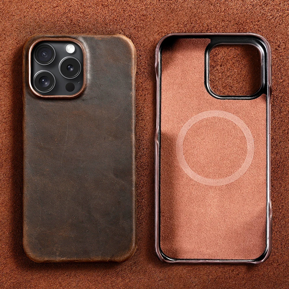 for Magsafe Case for iPhone 15 16 17 Pro Max Air Retro Luxury Full Grain Cowhide Genuine Oiled PULL-UP Leather Magnetic Cover Car Mobile World