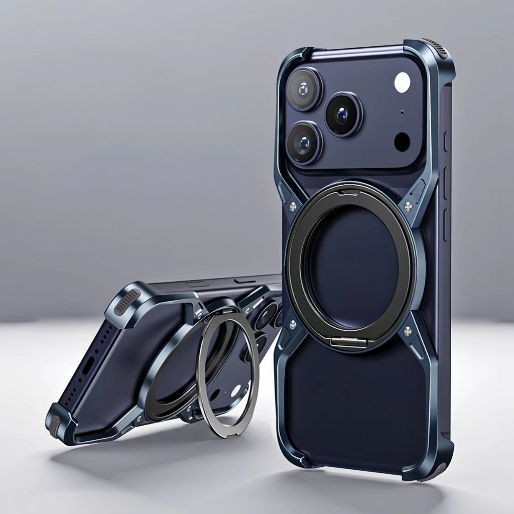 Metal Alloy Punk Frame Phone Case For iPhone 17 16 15 14 13 Pro Max 360 Rotating Bracket Magsafe Ring Magnet Stand Bumper Cover Car Mobile World