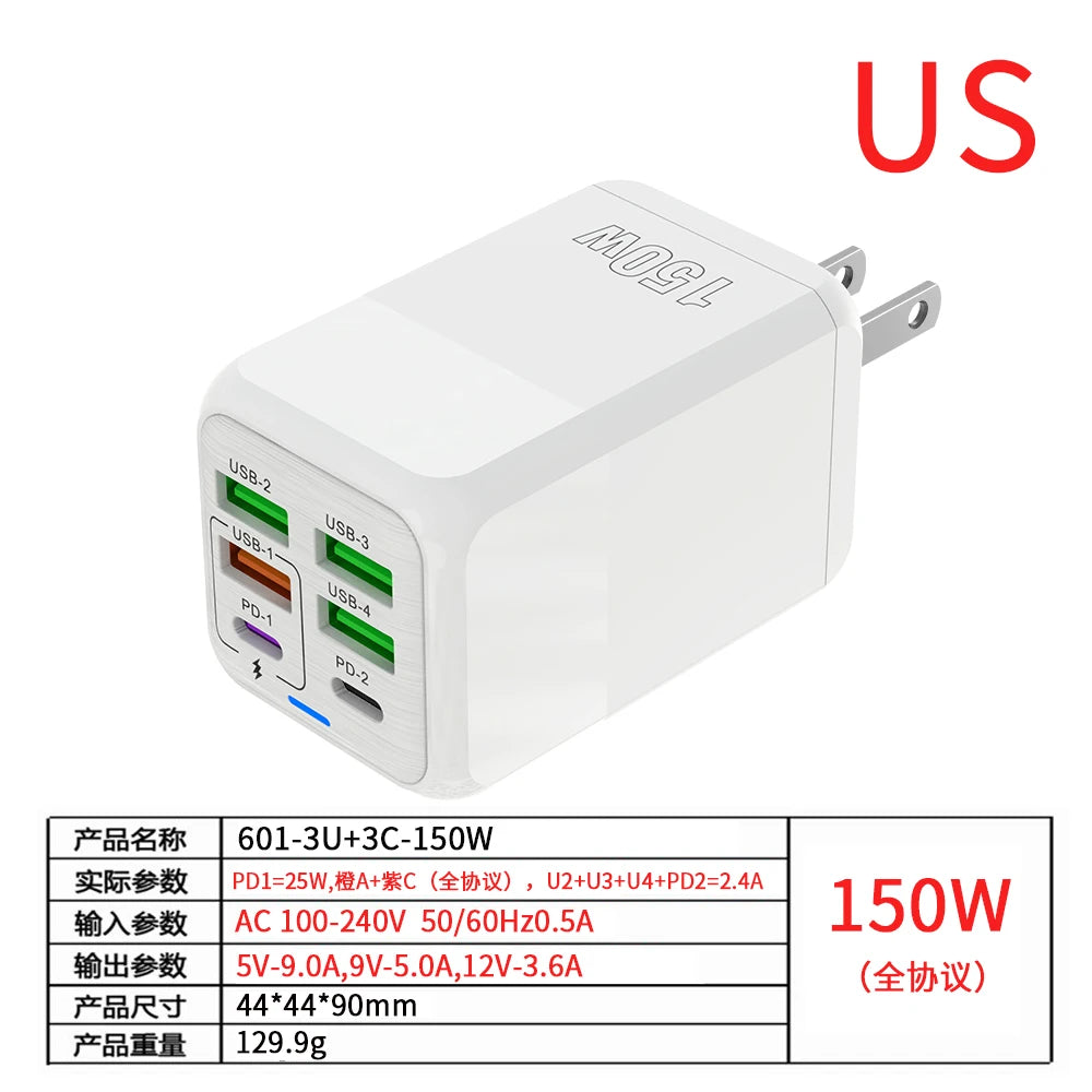 150W 6 Ports Pd QC 4.0 Usb C Fast Charger Wall Adapter Super Fast Charging For Iphone Samsung Ipad Xiaomi Huawei Oneplus Oppo Car Mobile World