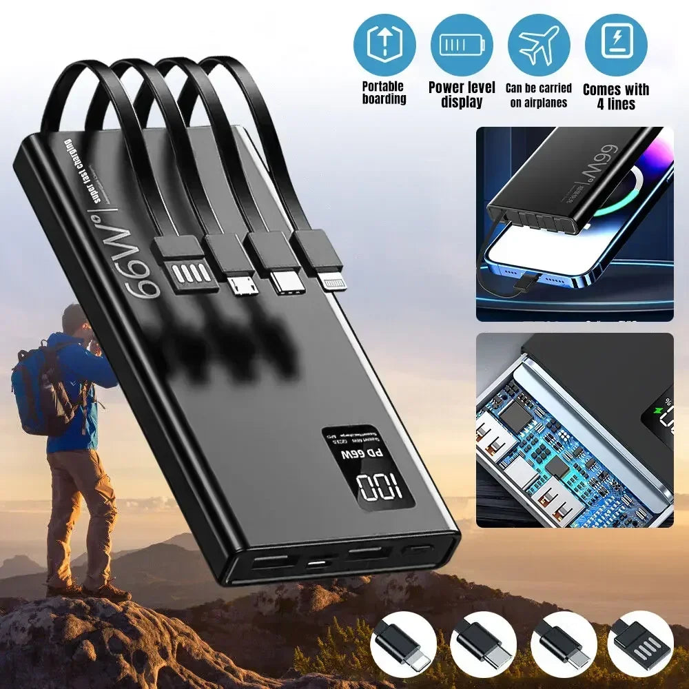 50000mAh Power Bank For Xiaomi iPhone Samsung 66W Super Fast Charging For 22.5W  Built-in 4 Cables Portable Digital Powerbank Car Mobile World