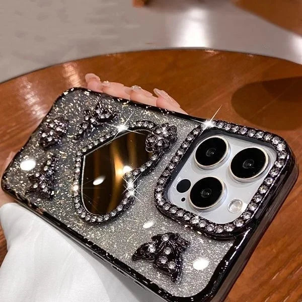 Heart Make up Mirror Case For iPhone 16 Pro Max 15 Plus Plating Butterfly Cover For iPhone 14 Pro 13 12 17 Glitter Diamond Case