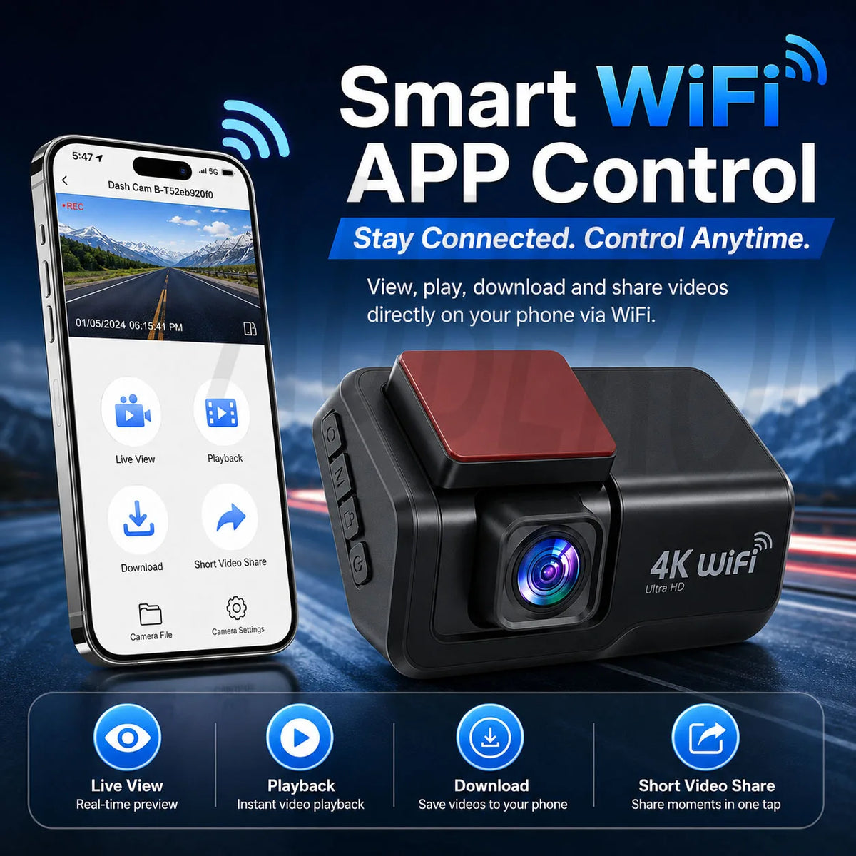 4K UHD Dash Cam WiFi Car Recording DVR Front and Rear Dual Lens Auto Car Camera with Night Vision Rearview Camera Loop Recording