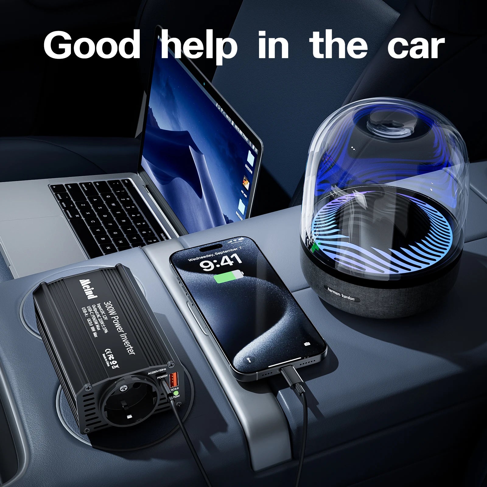 Meind 300W Car Power Inverter with EU Socket DC12V to AC220V Car Charger with Dual USB ports PD65W + QC3.0 CM World