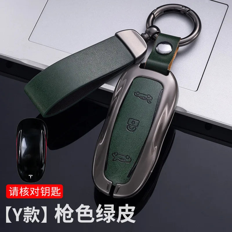 Car Zinc Alloy Leather Key Case Cover Holder For Tesla Model 3 Model S Model Y Model X Protector Keychain Interior Accessories
