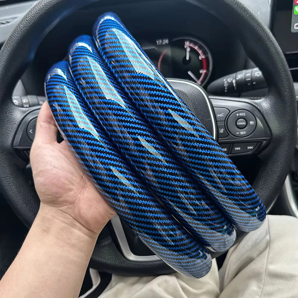 3PCS Laser Carbon Fiber Silicone Car Round Steering Wheel Cover Fiber Leather Wheel Booster Auto Cover Non-Slip Universal parts CM World