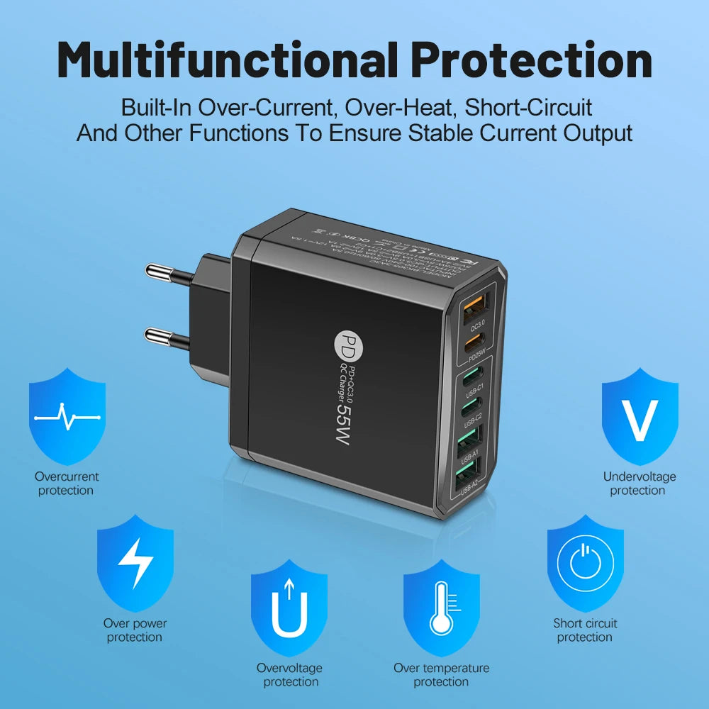 55W 3 USB 3 PD Charger Fast Charging QC3.0 Travel Charger For iPhone 15 14 Samsung Xiaomi Mobile Phone Adapter EU KR US UK Plug Car Mobile World