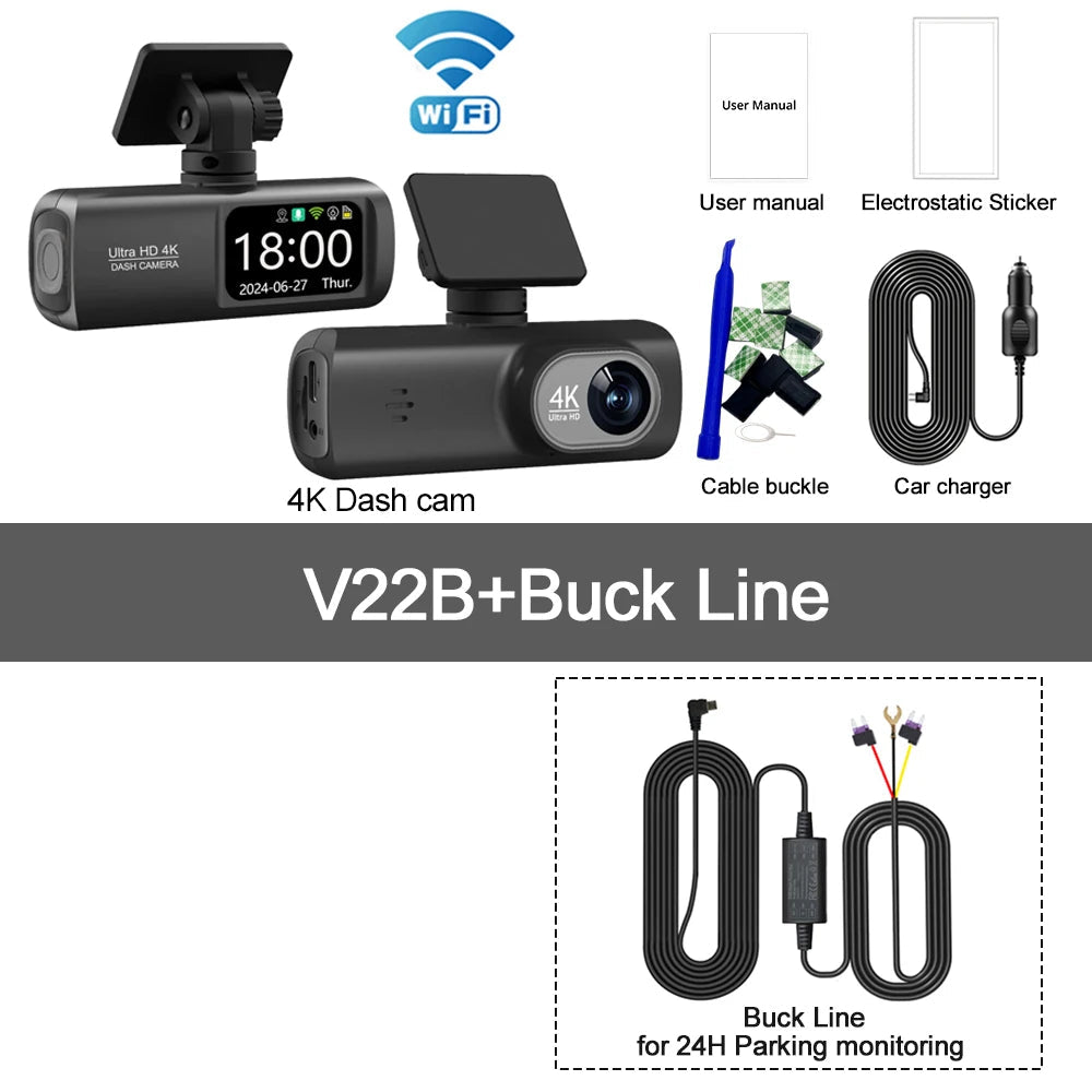 UHD 4K WiFi Dash Cam Dual Lens Driving Recorder Car DVR Optional 1080P Rear Lens Camera GPS 24H Parking Monitoring Black Box Car Mobile World