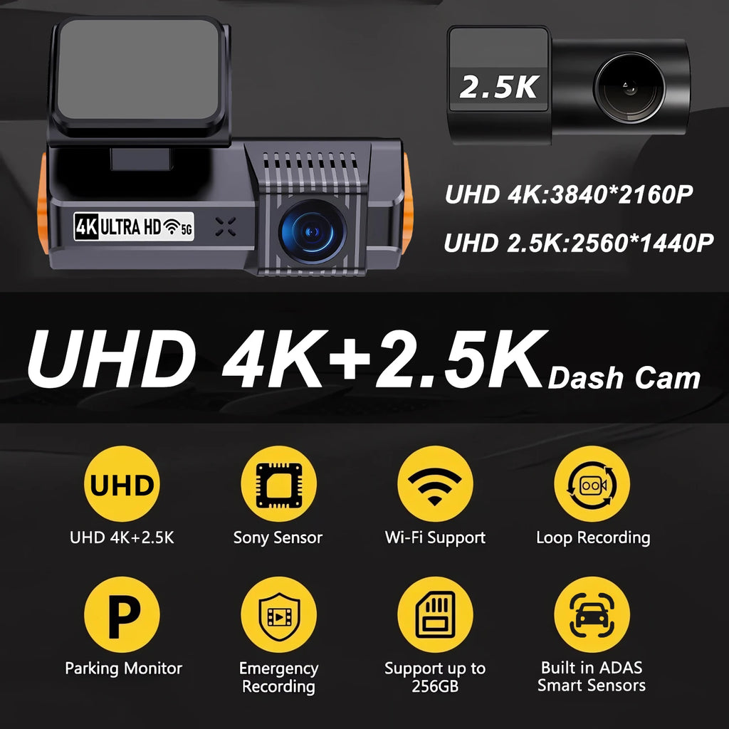 UHD 4K+2.5K 2160P Dual Lens ADAS Dash Cam with WiFi GPS Mini Car DVR 2.5K Rear Camera Video Dashcam Drive Recorder Black Box