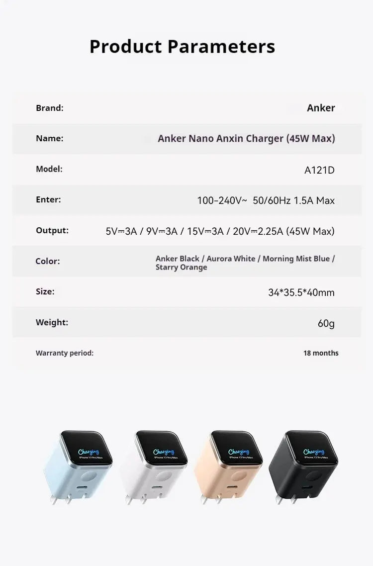 Anker Smart 45W Fast Charger Compatible with IPhone 17 Pro Max 16 Pro 15 14 Screen Display Mobile Phone Charging Head Car Mobile World