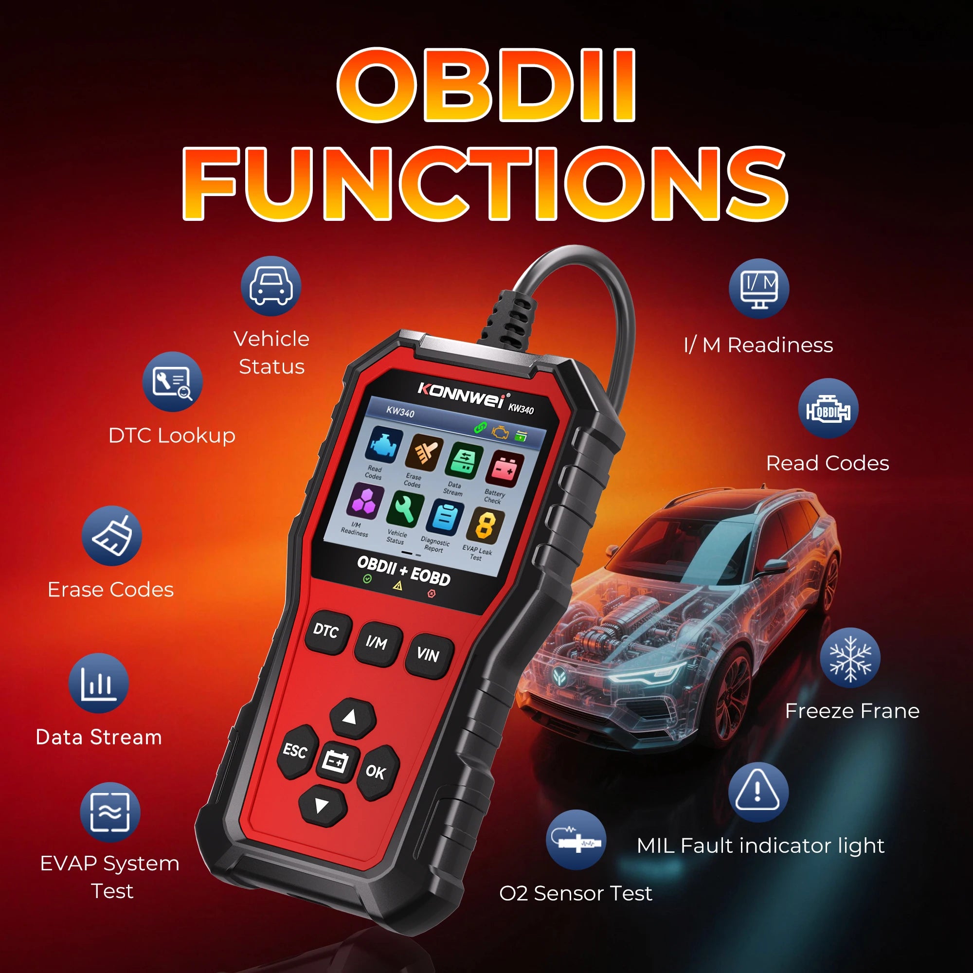 KONNWEI KW340 Car OBD2 Diagnostic Tool CAN EOBD 3in1 Engine Battery Test Read Clear Fault Code Real-Time Data O2 Inspection Tool CM World