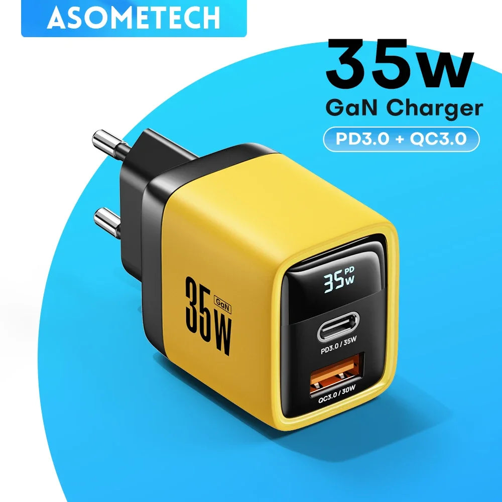 35W GaN Charger LED Display USB Charger for IPhone 14 Pro Samsung Xiaomi IPad Pro PD 3.0 QC 3.0 Quick Charger USB C Fast Charge Car Mobile World