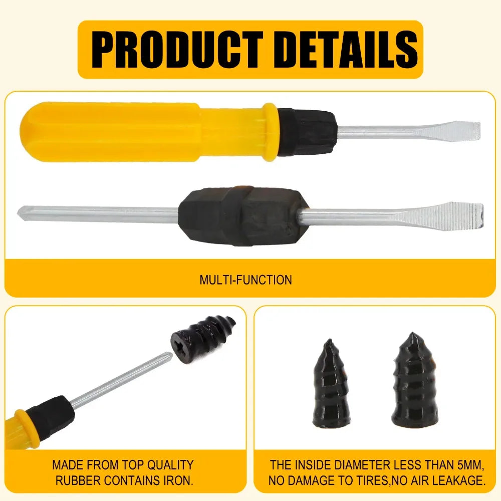 Universal Tubeless Tire Repair Kit - Emergency Puncture Tools w/Rubber T-Plugs for Car/Motorcycle On-Road Vacuum Seal CM World
