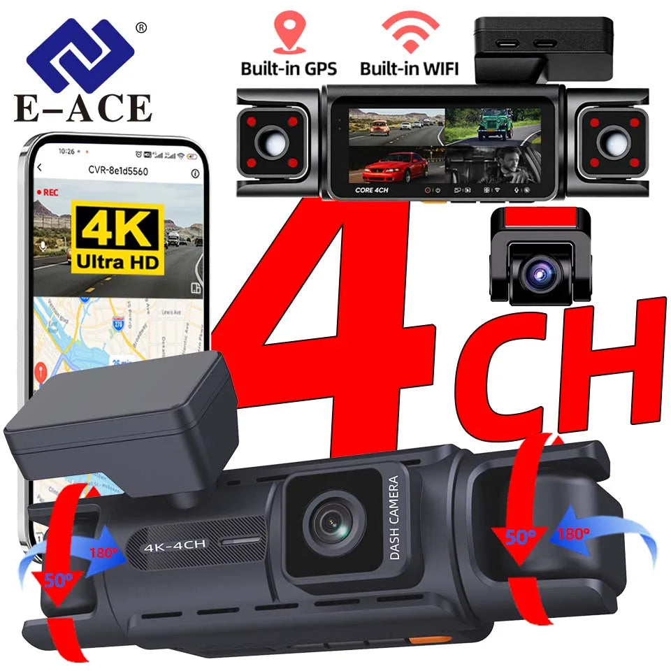 E-ACE Dashcam 4 Channel UHD 4K Car Dvr Built-in GPS WIFI Module Infrared Night Vision Front Left Right Rear Lens Black Box ﻿ Car Mobile World