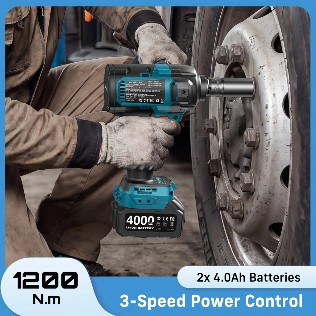 Seesii WH12 Ultra Pro Cordless Impact Wrench 885Ft-lbs (1200N·m) 1/2" Impact Gun with Detachable Side Handle 21V High Torque Power Impact Driver 2x 4.0Ah Batteries for Family Car/Pickup Truck/Mower
