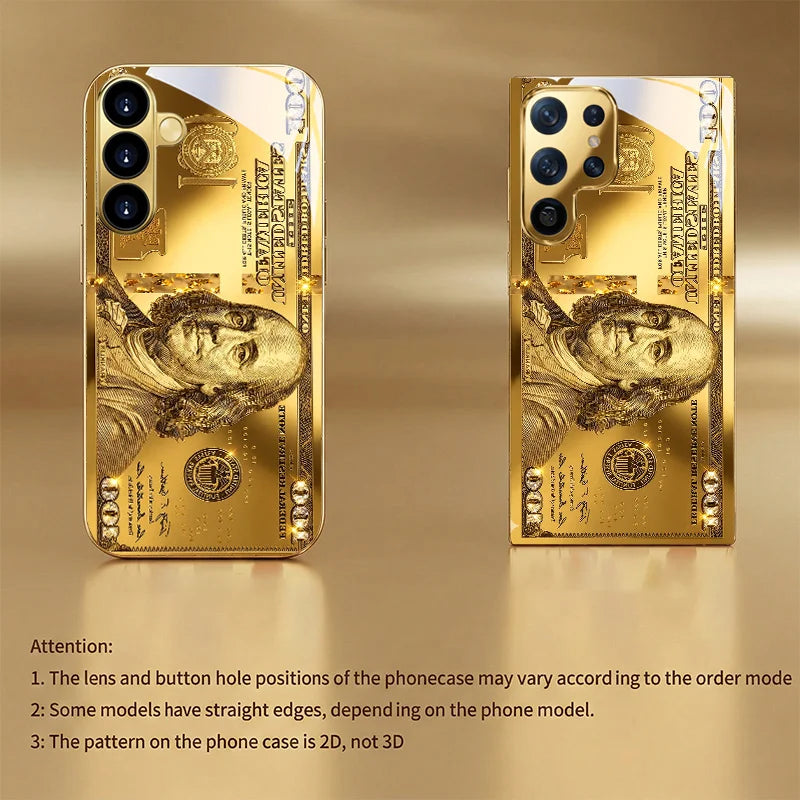 Golden Dollar Bill Fashion Exquisite HD Glass Phone Case for Samsung Galaxy S26 S25 S24 S23 S22 FE,Ultra,Plus Dropresistant Car Mobile World