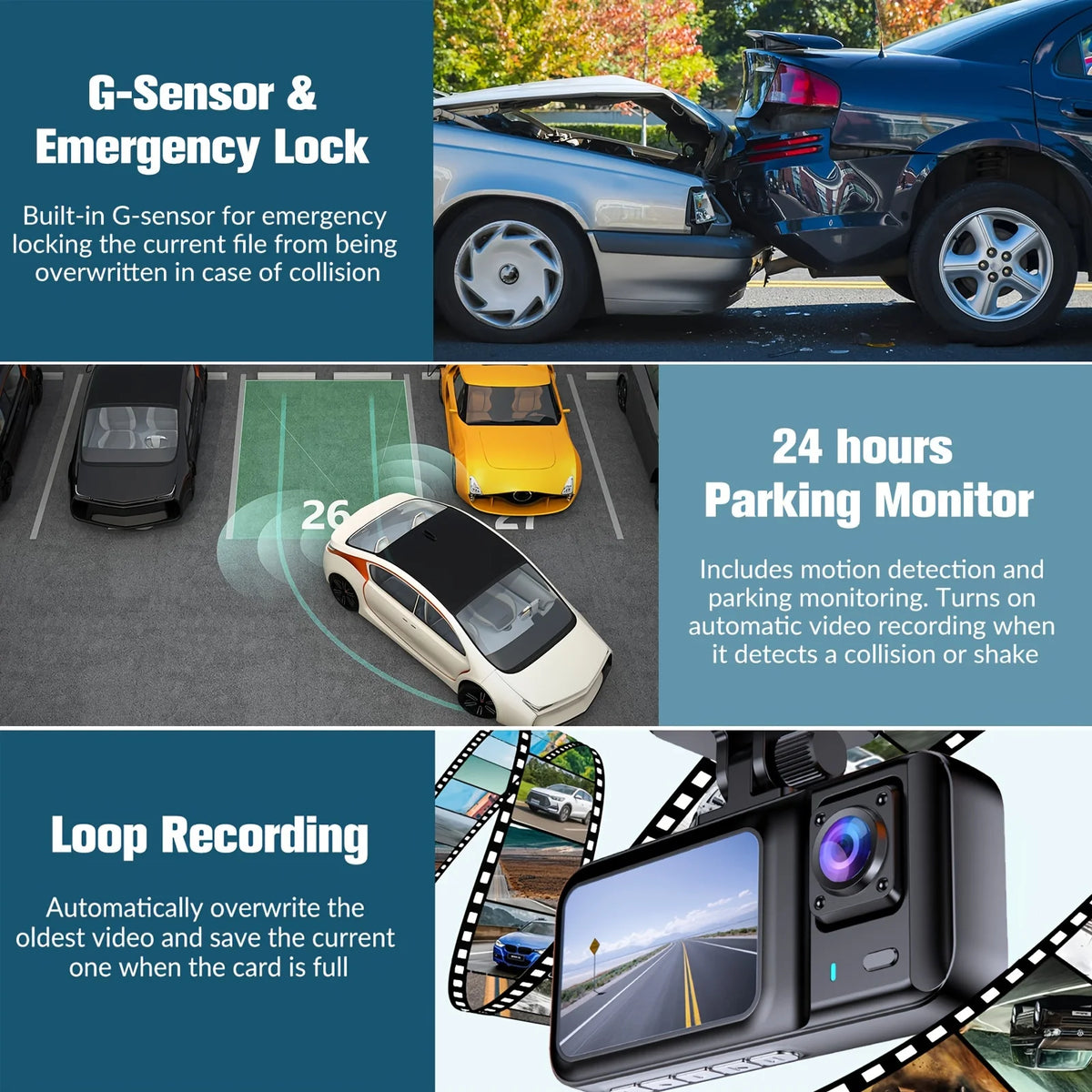 3 Channel Dash Cam for Cars Black Box Camera Car DVR 1080P Video Recorder Rear View Camera for Vehicle Car DVR Car Accessories