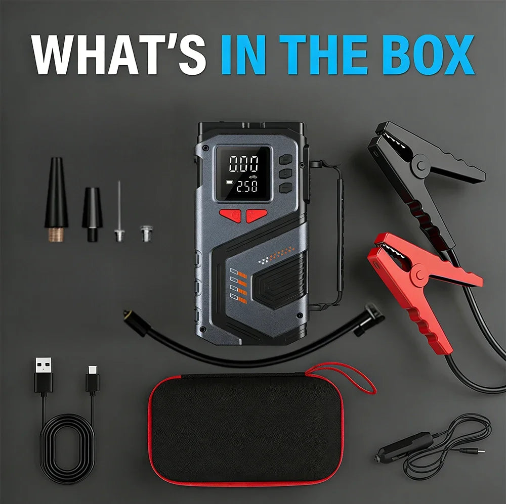 Portable Jump Starter With Air Compressor For 12V Petrol Diesel Car 150 PSI Car Tires Air Pump with LED Lights & Pressure Gauge