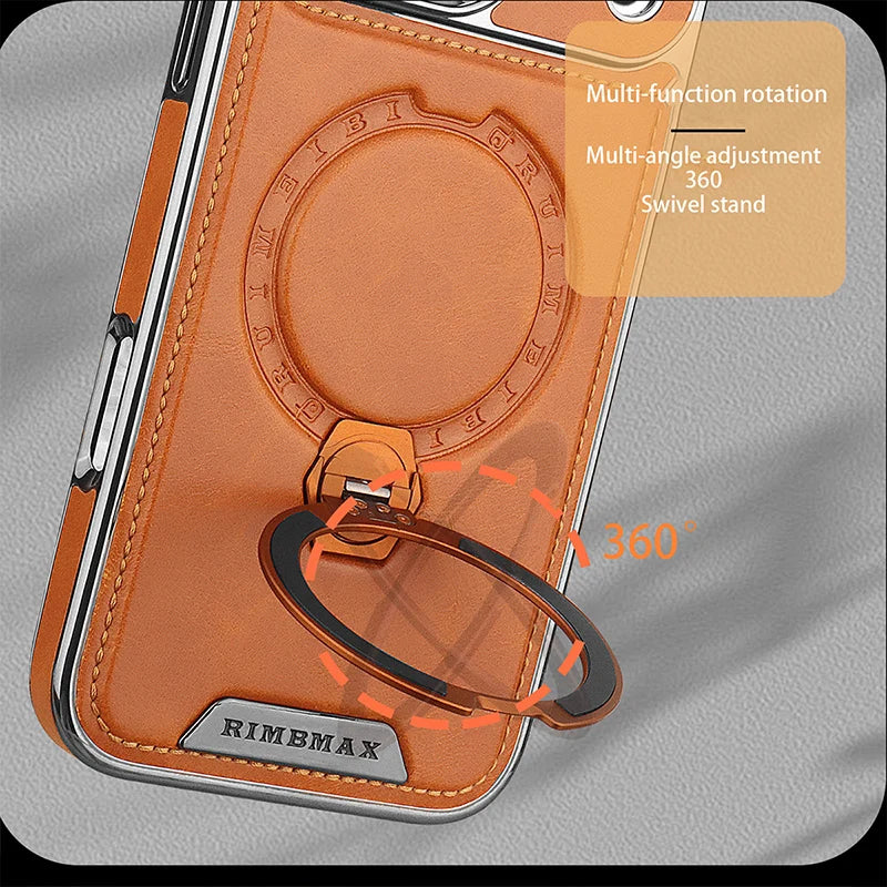 Magnetic Rotat Bracket Luxury Leather Phone Case For iPhone 11 12 13 14 15 16 17 Pro Max Plus Wireless Charging Shockproof Cover Car Mobile World