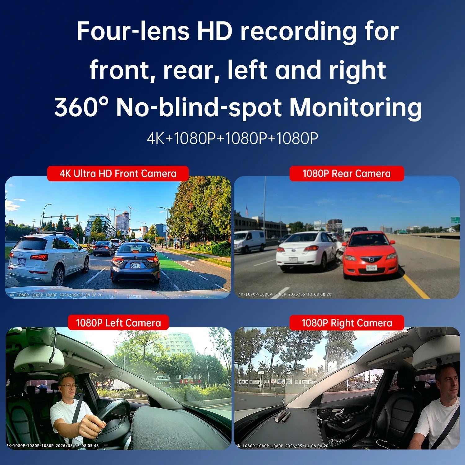 4K UHD 4 Channel Car DVR Dash Cam Quad Lens All Round View 3.39" Screen Built-in WiFi GPS Auto Loop Recording Driving Recorder Car Mobile World
