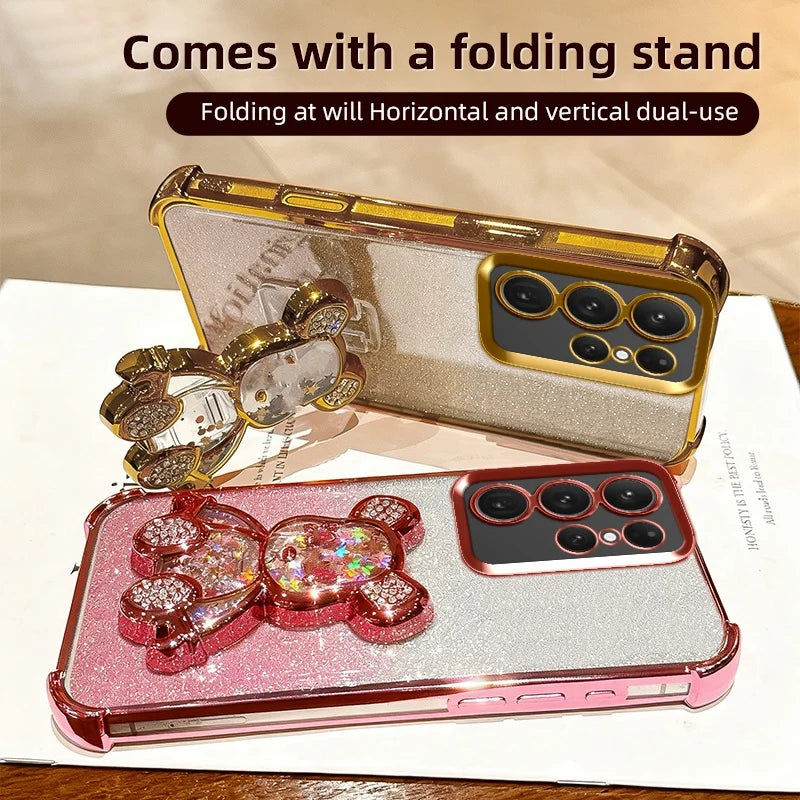 S26 Shockproof Holder Case for Samsung Galaxy S25 Ultra S22 S21 S24 FE S23 Plus Glitter Bear Bracket Stand Luxury Plating Cover