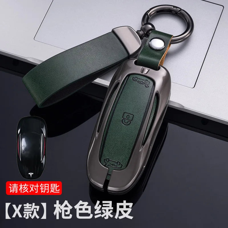 Car Zinc Alloy Leather Key Case Cover Holder For Tesla Model 3 Model S Model Y Model X Protector Keychain Interior Accessories