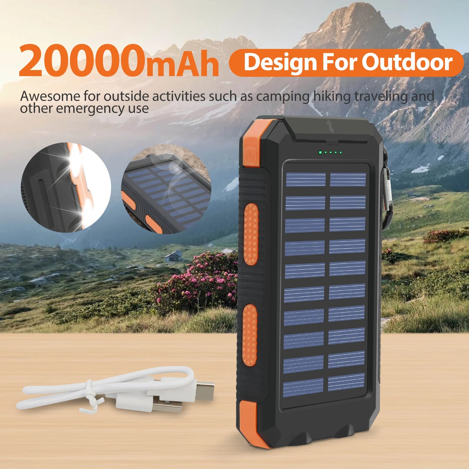 20000mAh Solar Power Bank Portable Solar Charger Waterproof Dual 5V USB Ports 2 LED Light Flashlight For Cell IPhone Outdoor Car Mobile World