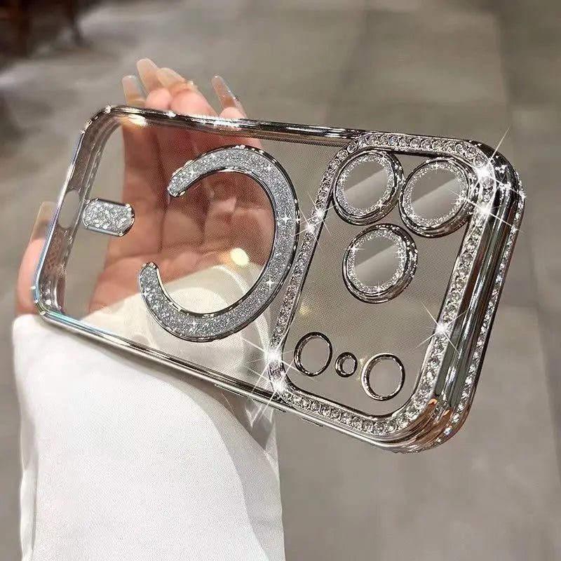Plating Glitter Rhinestone Diamond Magnetic Phone Case For iPhone 17 Pro Max Air 17Pro For Magsafe Wireless Charging Clear Cover