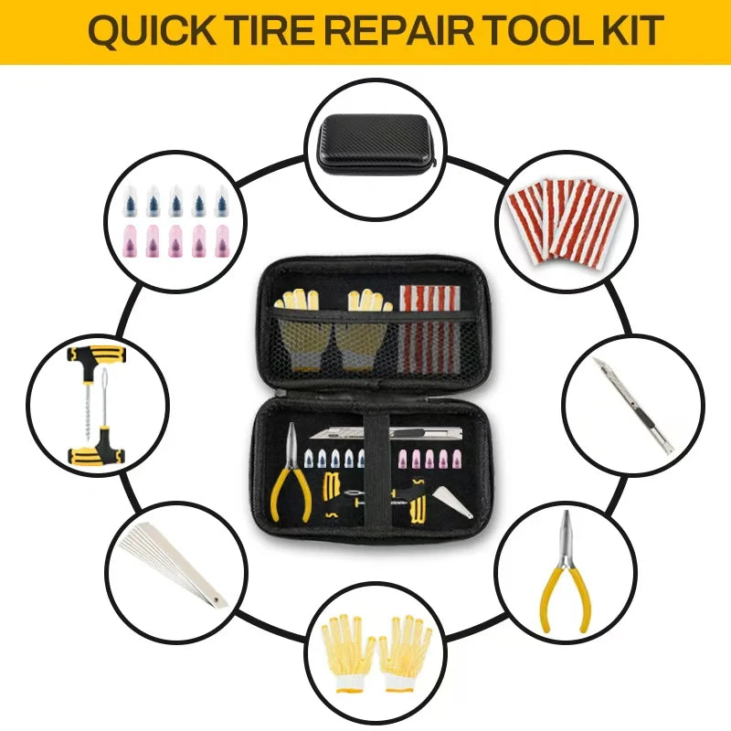 All-in-One Tire Repair Kit: Car Motorcycle Bike Truck Emergency Puncture Plug Tool with Rubber Strips - Roadside & Garage Use CM World