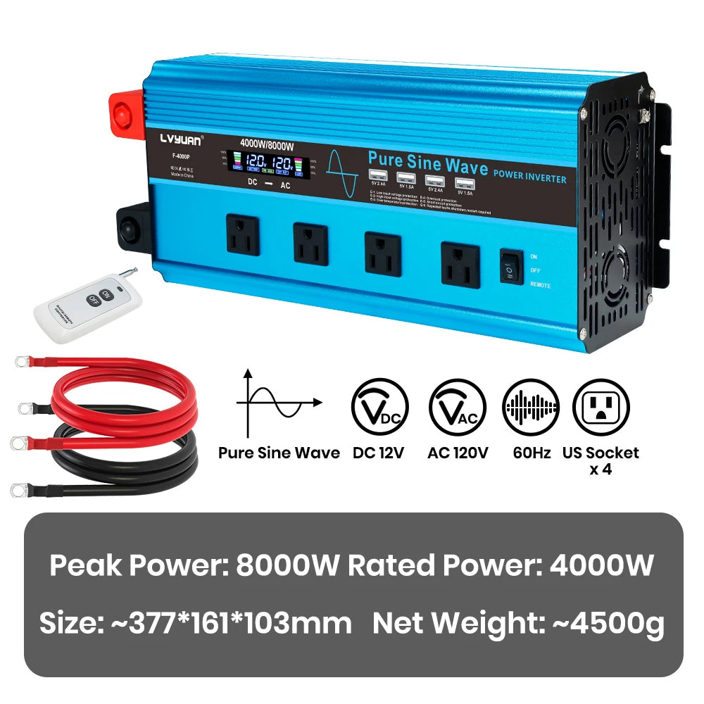 4000W Pure Sine Wave Inverter DC 12v/24v To AC 110v 60HZ Voltage Converter Car Solar Power Inverter CM World
