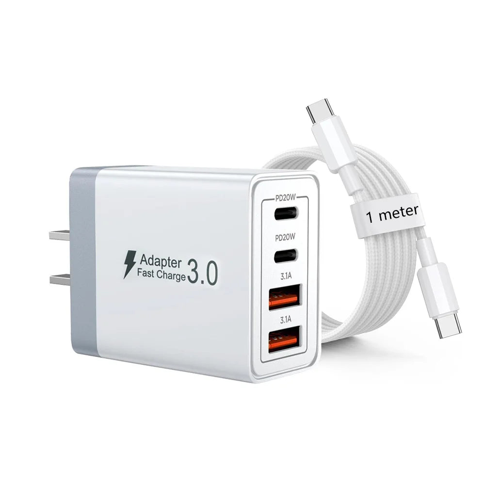 EU/UK/US/AU Plug Multi-Port USB-C/USB-A Wall Charger with Type C Cable, 40W Dual PD Fast Charging Block Mobile Phone Adapter Car Mobile World