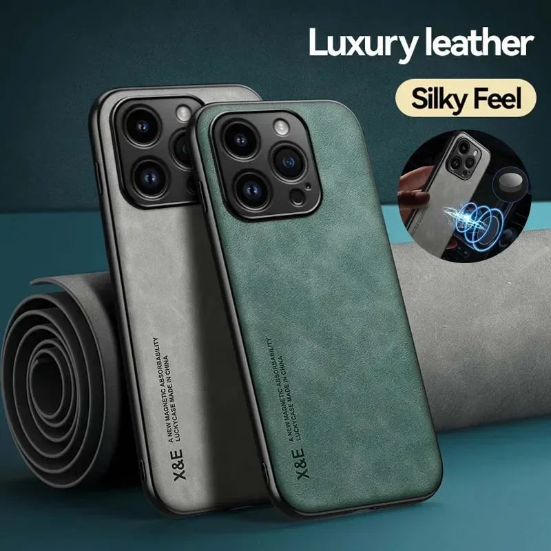 Luxury Leather Case For iPhone 17 16 16e 15 14 13 12 11 Pro Max Plus 12 13 Mini SE 8 7 Cover With Metal Plate Support Car Hold Car Mobile World