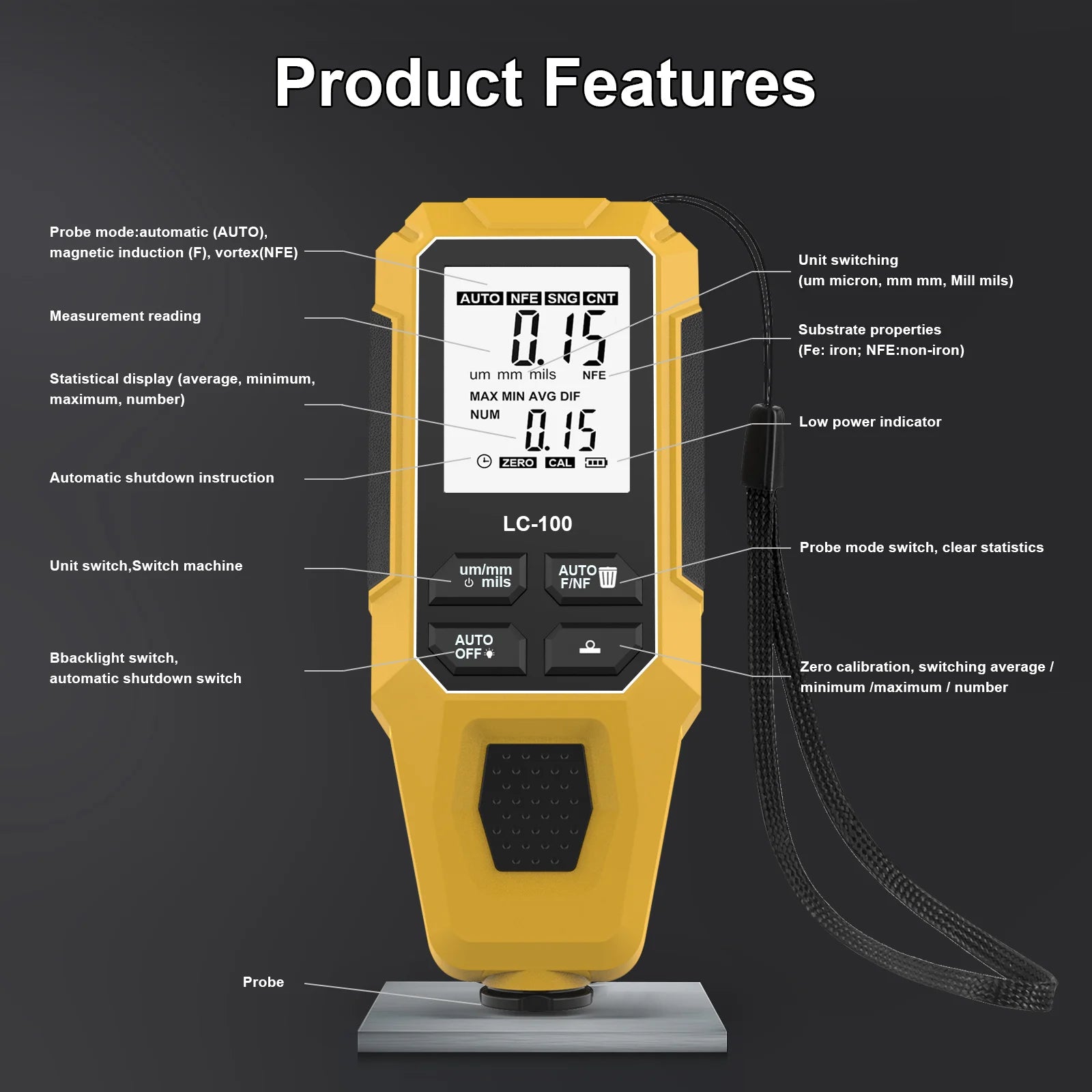 Portable Digital Coating Thickness Gauge LCD Display, Accurate 0.1mm Measurement for Car Boat Metal Foil Furniture, ABS Material CM World