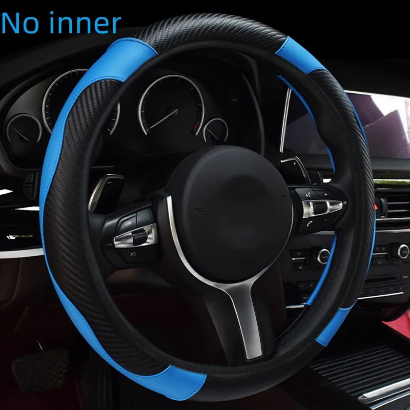 Carbon fiber pattern PU leather steering wheel cover with no inner ring design, full elasticity, anti slip and wear-resistant, m CM World
