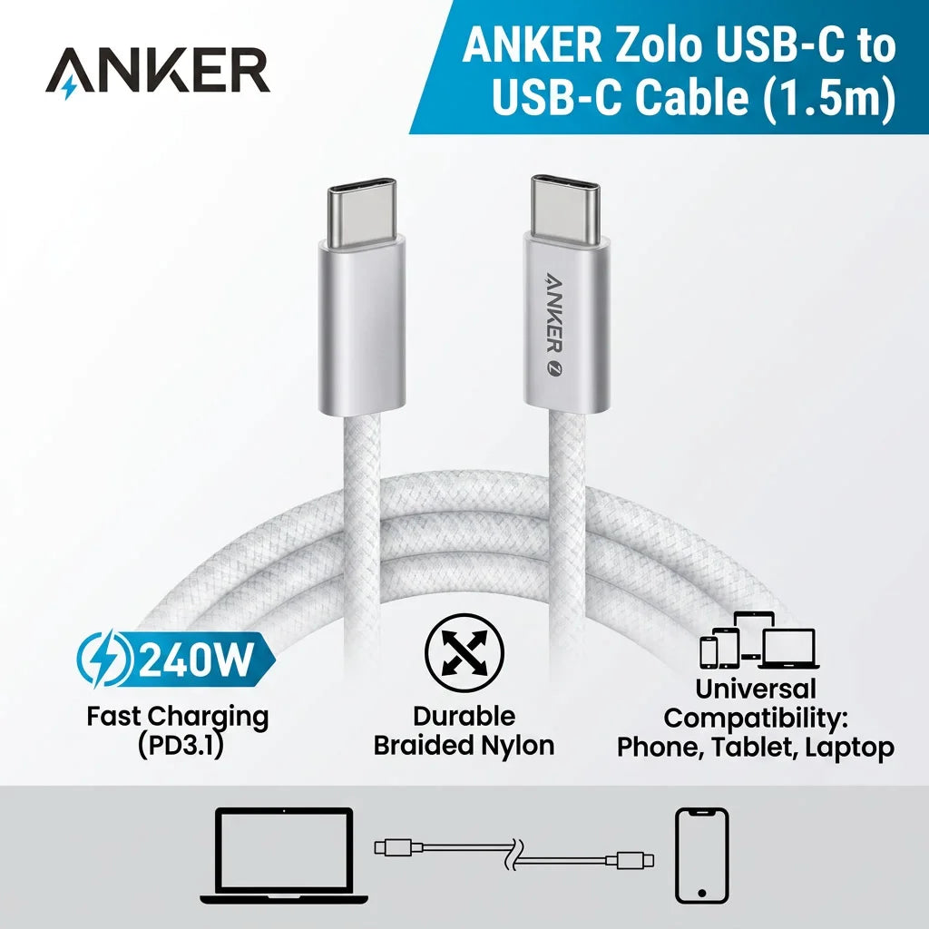 Anker Zolo USB‑C to USB‑C Cable 240W PD3.1 Fast Charging Braided Wire 1.5M Data Cord For Laptop Phone Tablet