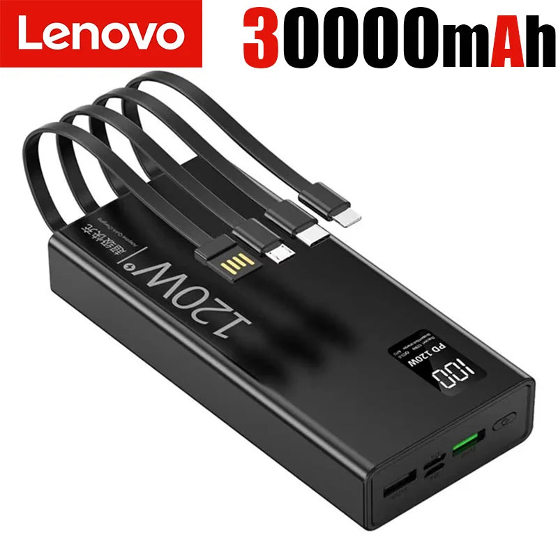 Lenovo 120W 50000mAh High Capacity Power Bank 4 in 1 Cables Super Fast Charging Power Bank Portable Charger For iPhone Samsung Car Mobile World