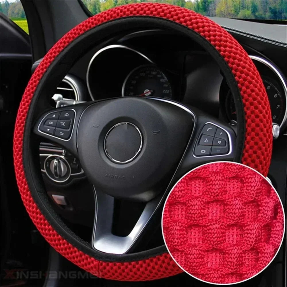 Universal 38cm car steering wheel cover with anti slip and sweat absorbing ring, elastic grip for easy installation and removal