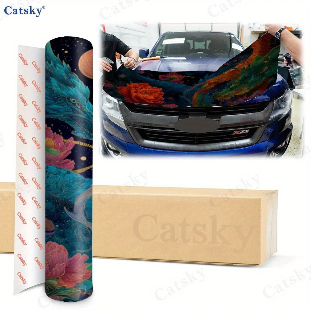 Magical Dragons and Flowers Car Vinyl Wrap, PVC Waterproof Car Hood Sticker, Self-Adhesive Scratch-Resistant Stickers for Engine