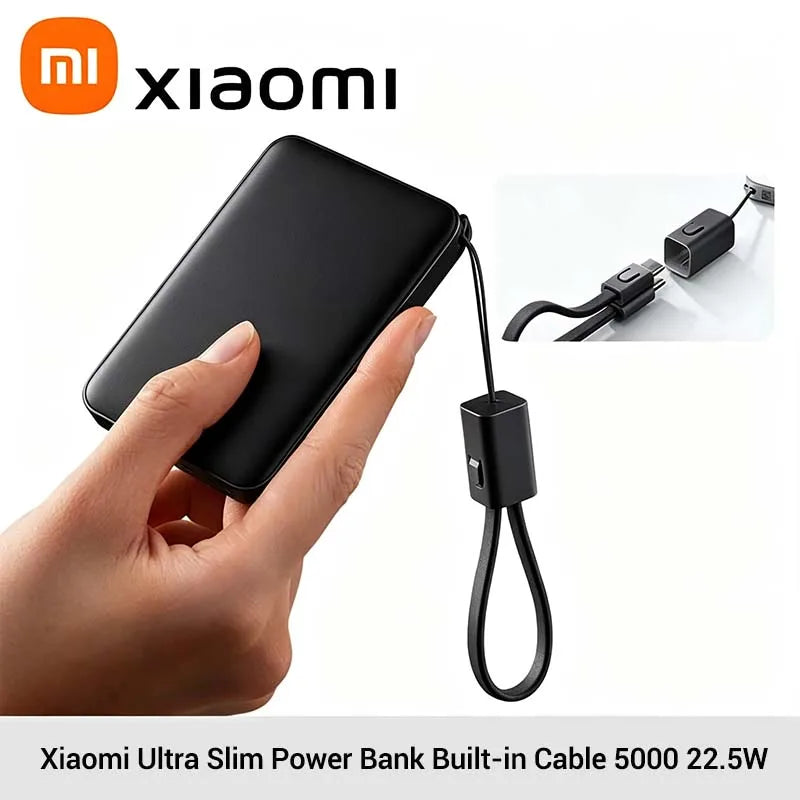 Xiaomi Ultra Slim 5000mAh 22.5W MAX Portable External Battery Power Bank with Built-in Cable for Xiaomi Samsung IPhone 17+