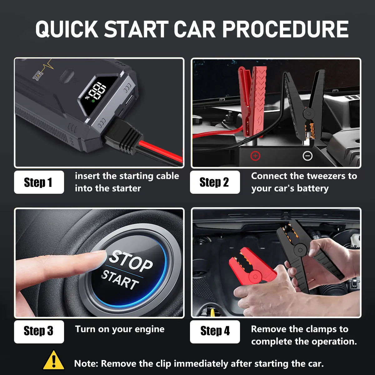 Portable Car Battery Jumper, 1500A Peak Car Jumper, 12V Portable Power Supply, Car Battery Jumper, Equipped with Smart Safety Jumper Cables, Includes 3-Mode LED Light