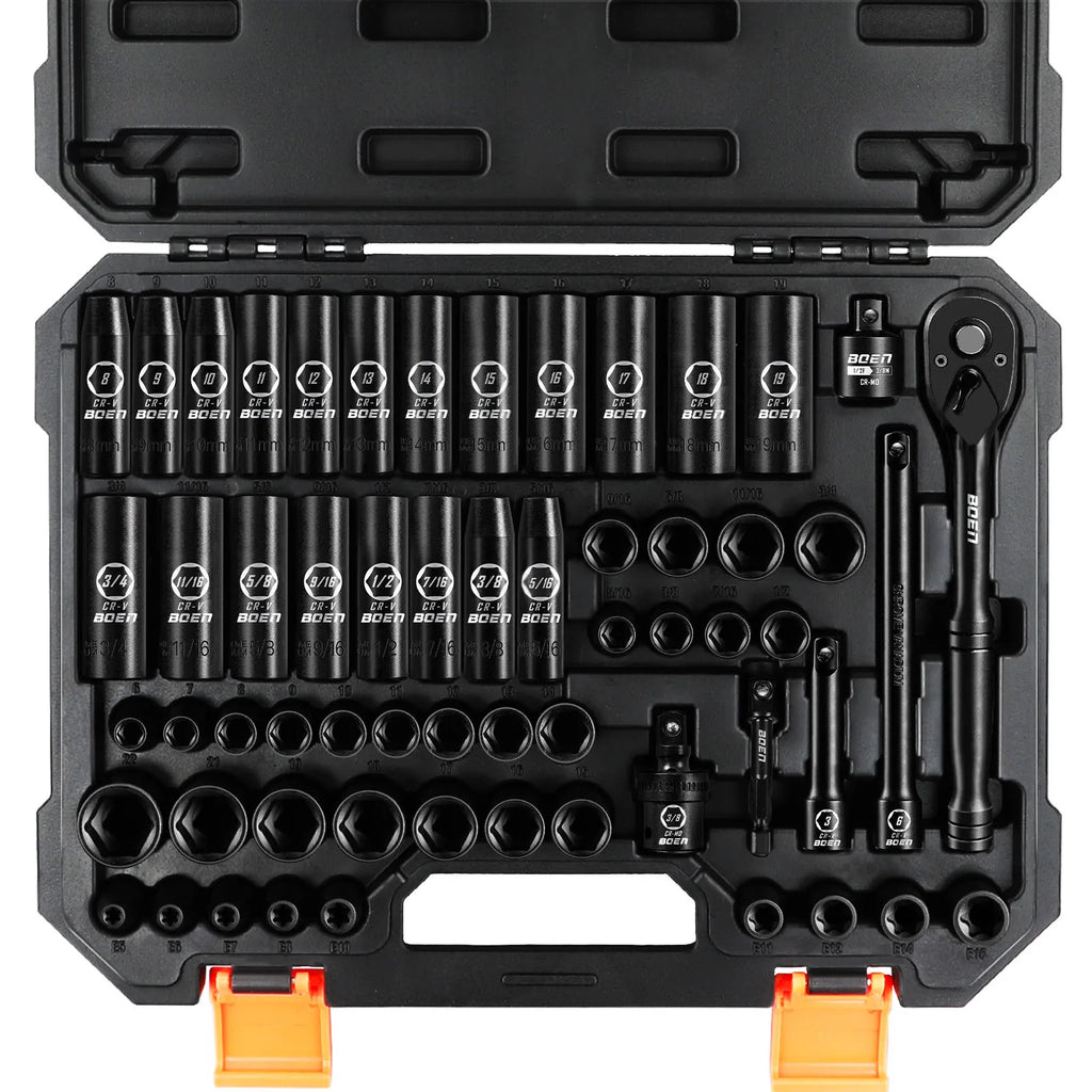 BOEN 3/8" Drive Impact Socket Set, 59-Piece Standard SAE (5/16 to 3/4 inch) and Metric (6-22mm), Include 9-Piece E-Torx Socket CM World