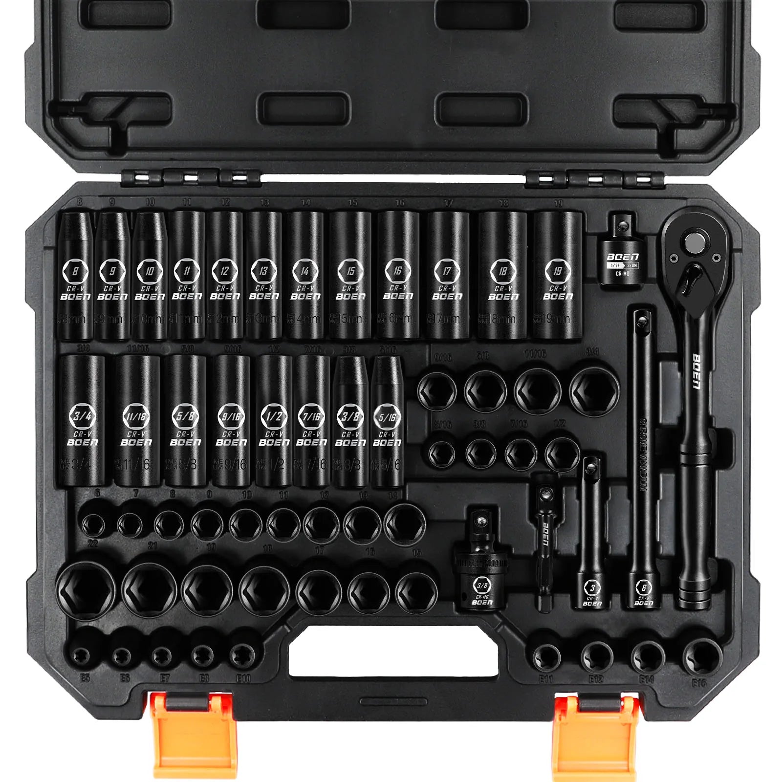 BOEN 3/8" Drive Impact Socket Set, 59-Piece Standard SAE (5/16 to 3/4 inch) and Metric (6-22mm), Include 9-Piece E-Torx Socket CM World