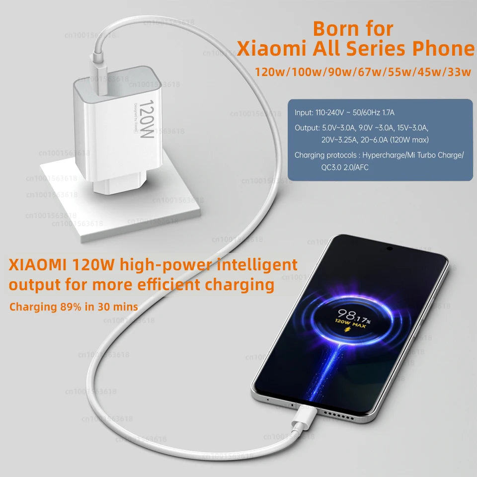 Original XIAOMI 120W Charger Hyper Turbo Charging Cable Mi 17 Pro Max 14T 15T 15 12T Redmi K90 K70 Note 13 Poco F8 F7 Ultra X7 Car Mobile World