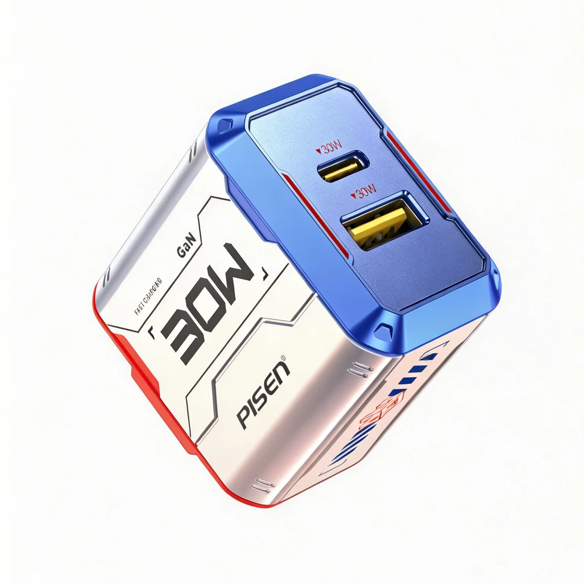 Pisen 30W GaN Charger, USB‑A + USB‑C Dual‑Port Output. Supports PD3.0, PPS, QC3.0, FCP and AFC Protocols. Compatible with iPhone Series, Xiaomi, Huawei, Samsung Smartphones, Tablets & Nintendo Switch.
